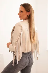 Kesi Włoski Dámska bunda z eko kože s strapcami v boho štýle béžová