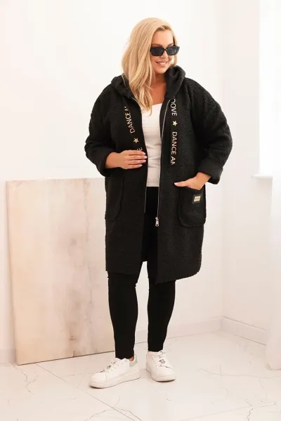 Legínovo Dámsky kabát Plus Size z umelého barana s kapucňou a vreckami v ťavej farbe Farba: Čierna, Veľkosť: UNI