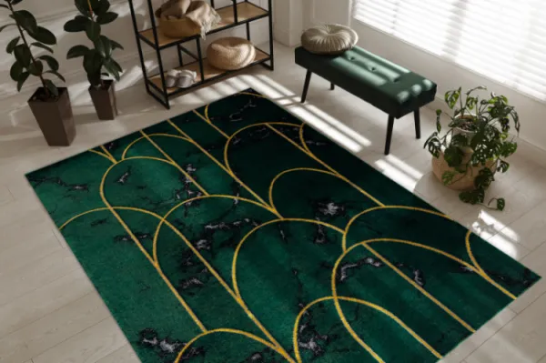 Koberec EMERALD exkluzívny 1016 glamour, styl art deco, marmur fľaškovo zelený / zlatý