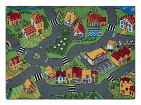 Detský koberec REBEL ROADS Village life 90 Osada, protišmykový - sivý