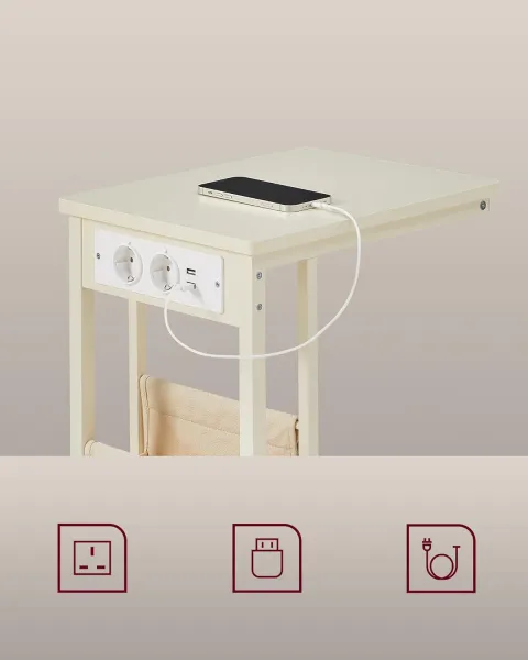 VASAGLE Odkladací stolík s elektrickou zásuvkou a USB zásuvkou krémový