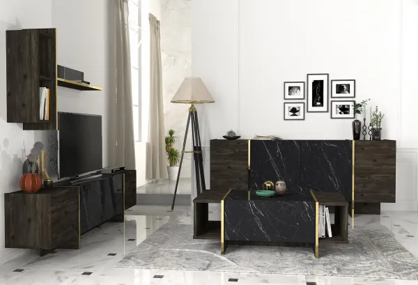 Kalune Design Sada nábytku do obývacího pokoje Veyron hnědá/mramor/zlatá
