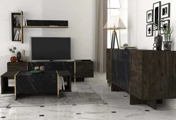 Kalune Design Sada nábytku do obývacího pokoje Veyron hnědá/mramor/zlatá
