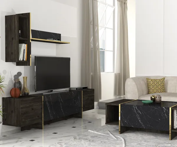 Kalune Design Sada nábytku do obývacího pokoje Veyron hnědá/mramor/zlatá II