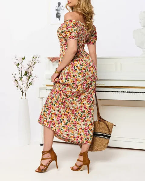 Resti White women's midi dress with floral pattern- Clothing