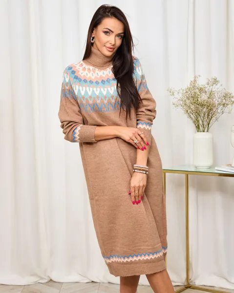 Resti Brown women's sweater dress with turtleneck and print