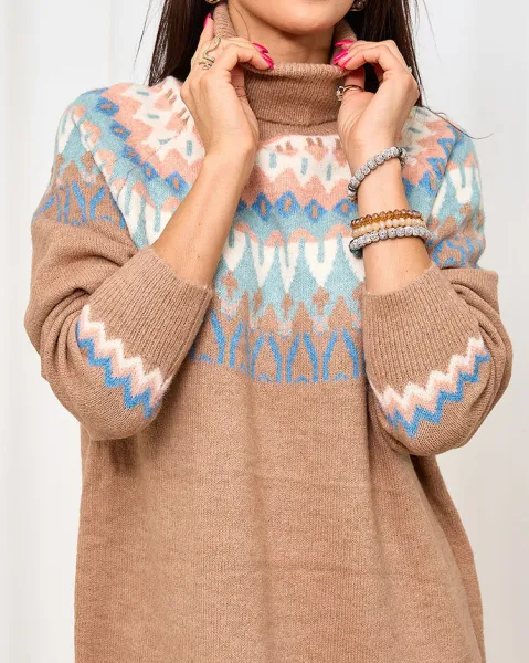 Resti Brown women's sweater dress with turtleneck and print