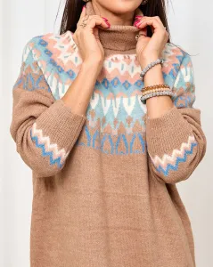 Resti Brown women's sweater dress with turtleneck and print