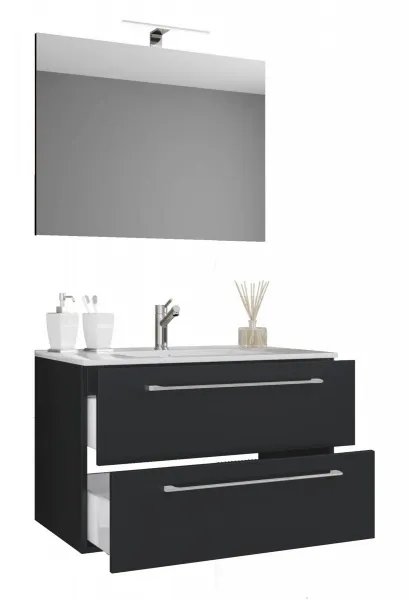 VCM 3dílná umyvadlová skříňka Badinos 2 zásuvky 80 cm se zrcadlem, černá