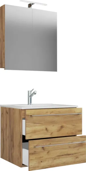 VCM 3dílná umyvadlová skříňka Badinos 2 zásuvky 60 cm se zrcadlem, dub medový