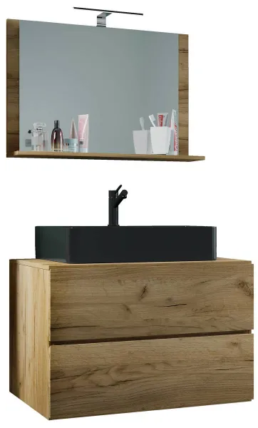 VCM 3dílná umyvadlová skříňka Lendas BL M 80 cm se zrcadlem, dub medový