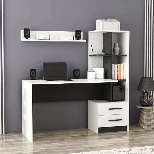 Kalune Design Psací stůl ALASKA s integrovaným regálem bílý/černý