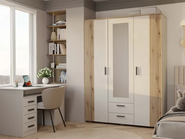 TP Living Šatníková skriňa so zrkadlom AVA 150 cm dub evoke/kašmírová