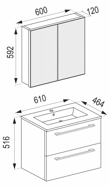 VCM 3dílná umyvadlová skříňka Badinos 2 zásuvky 60 cm se zrcadlem, dub medový