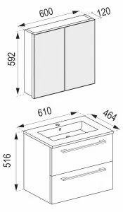 VCM 3dílná umyvadlová skříňka Badinos 2 zásuvky 60 cm se zrcadlem, dub medový