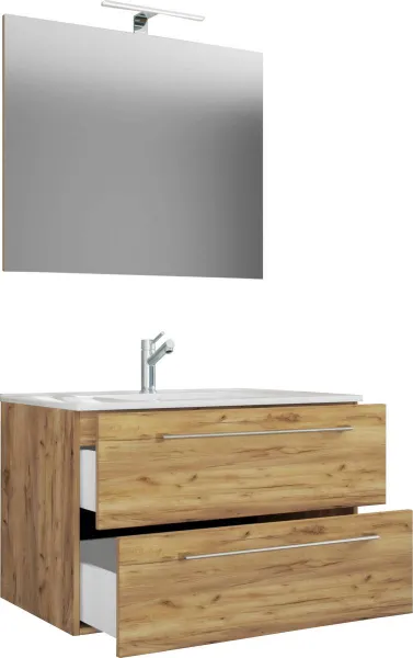 VCM 3dílná umyvadlová skříňka Badinos 2 zásuvky 80 cm se zrcadlem, dub medový