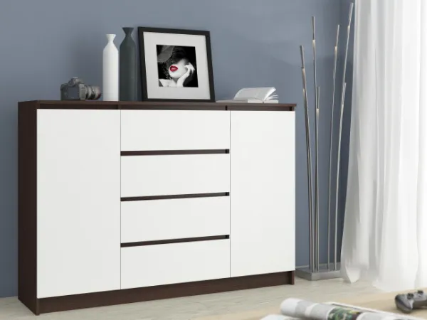 Ak furniture Komoda Kryštof 140 cm 2 skrinky a 4 zásuvky wenge/biela
