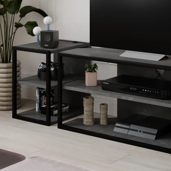 Súprava TV stolíka + 2 ks bočných stolíkov Houseland Echo retro sivá/čierna
