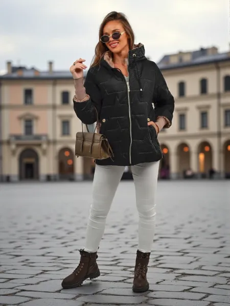 Resti Women's Quilted Jacket with Hood and Cuffs on Sleeves Stone Hollow