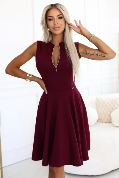 573-4 Exclusive dress with a flared bottom and a zipper - burgundy