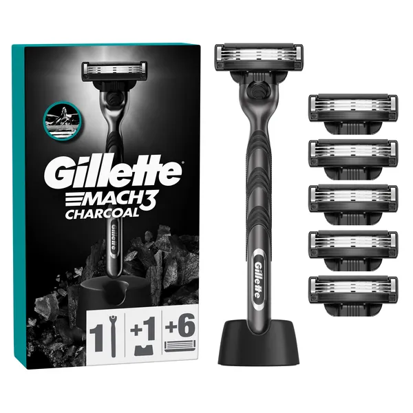 Gillette Mach3 Charcoal holiaci strojček so stojančekom + náhradné hlavice 6 ks