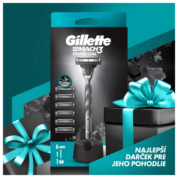 Gillette Mach3 Charcoal holiaci strojček so stojančekom + náhradné hlavice 6 ks