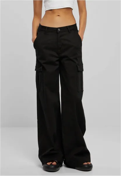 Women's twill trousers with a high waist and wide legs, black