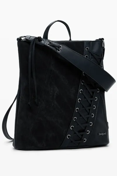 Ruksak Desigual BLACK PATCH TANGO P dámsky, čierna farba, malý, s nášivkou, 25WAKP12