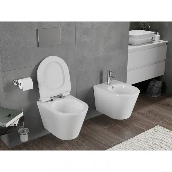MEXEN/S - Rico Závesná WC misa Rimless Tornado vrátane sedátka s slow slim, duroplast, biela lesk 30720100T