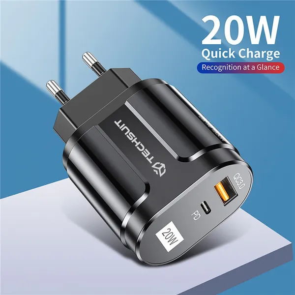 Techsuit Premium Nástenná nabíjačka CHPD038, USB-A, USB-C, QC 3.0, 20W, čierna