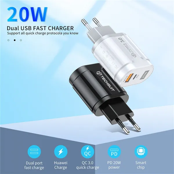 Techsuit Premium Nástenná nabíjačka CHPD038, USB-A, USB-C, QC 3.0, 20W, čierna