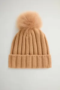 Čapica Woolrich Beanie Cashmere Pom Pom Soft Camel
