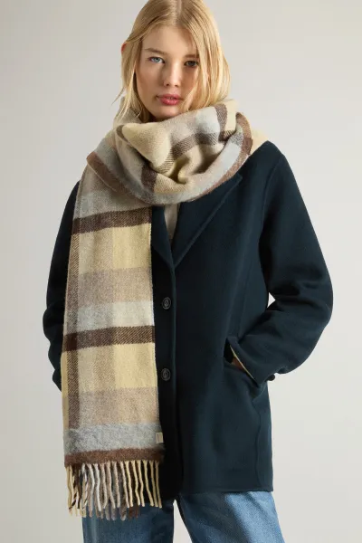 Šál Woolrich Needle Punch Check Scarf Cream Check
