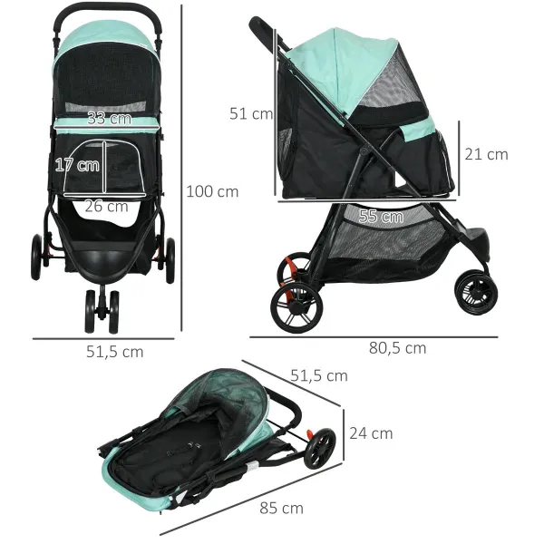 PawHut Kočárek pro psy do 10 kg a 35 cm s pláštěnkou, tyrkosovočerný