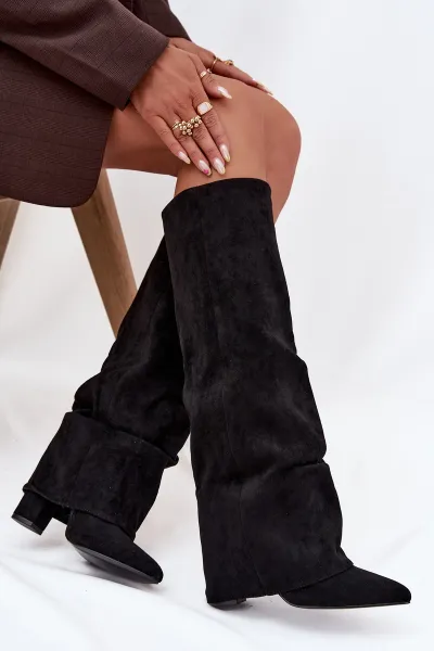 Boto Izolované dámske čižmy s prevráteným lemom na podpätku ekologická semiš čierna Elivira