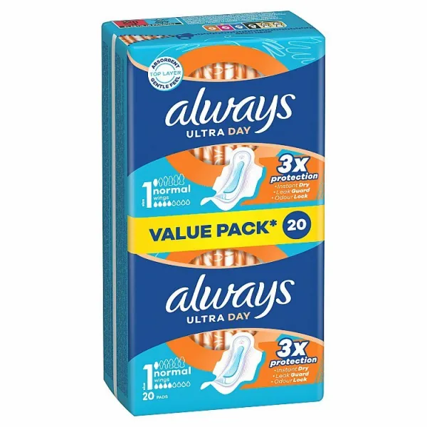 Always Ultra Day Normal hygienické vložky (veľkosť 1) vložky s krídelkami 20 ks] 1ks