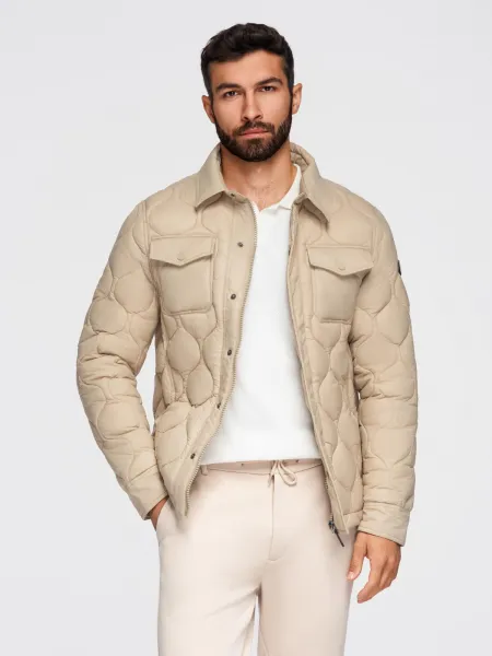 Pánska bunda s kapucňou OMBRE Jacket OM-JALP-0215 V-1 beige