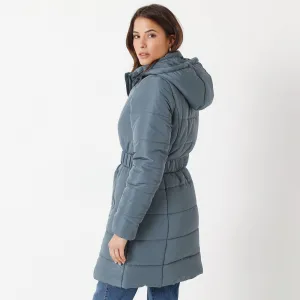 Dlhá nepremokavá prešívaná bunda s opaskom, na zips