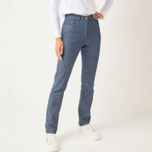 Úzke dlhé nohavice z pruhovaného denimu