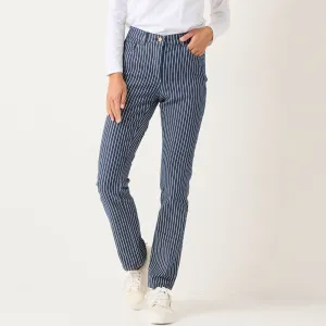 Úzke dlhé nohavice z pruhovaného denimu