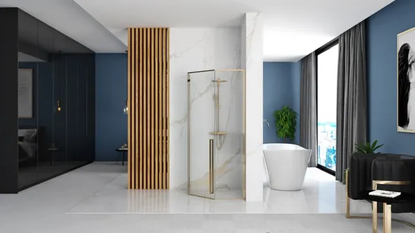 REA/S - Sprchovací kút DIAMOND 90x90 - zlatá + sprchova vanička Diamond, čierna KPL-14904