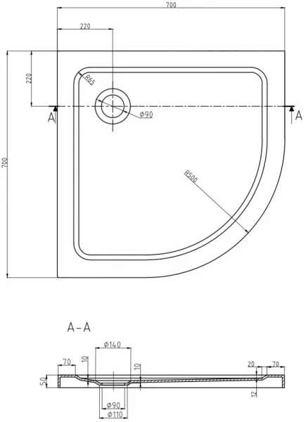 MEXEN/S - Flat sprchová vanička štvrťkruhová slim 70 x 70, černá + zlatý sifón 41707070G