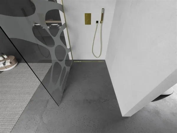MEXEN/S - KIOTO Sprchová zástena WALK-IN 100x200 cm 8 mm, zlatá, biely vzor 800-100-101-50-97