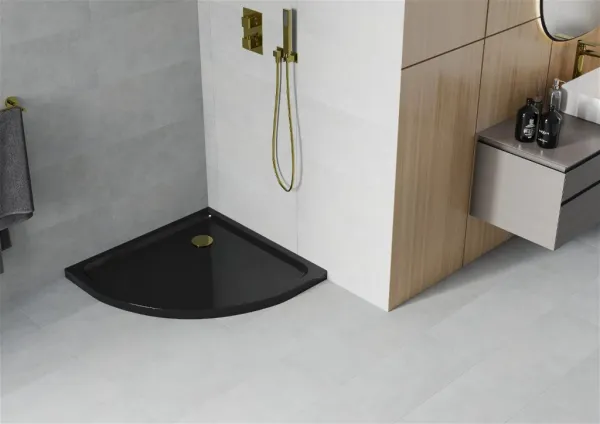 MEXEN/S - Flat sprchová vanička štvrťkruhová slim 70 x 70, černá + zlatý sifón 41707070G