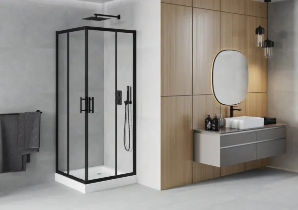 MEXEN/S - Rio štvorcový sprchovací kút 80 x 80, transparent, čierny + vanička so sifónom Rio, biela 860-080-080-70-00-4510