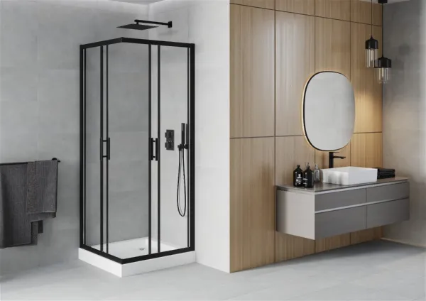 MEXEN/S - Rio štvorcový sprchovací kút 80 x 80, transparent, čierny + vanička so sifónom Rio, biela 860-080-080-70-00-4510