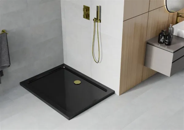MEXEN/S - Flat sprchová vanička obdĺžniková slim 120 x 80, černá + zlatý sifón 40708012G
