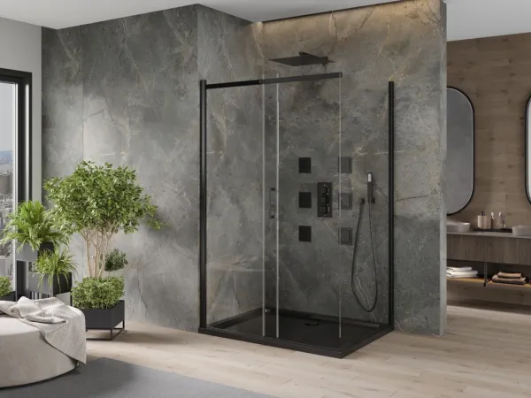 MEXEN/S - Omega sprchovací kút 100x80, transparent, čierna + čierna vanička so sifónom 825-100-080-70-00-4070B