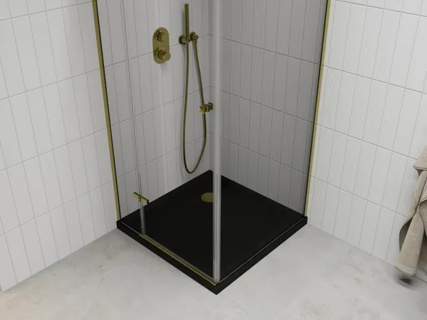 MEXEN/S - Roma sprchovací kút 80x80, transparent, zlatá + čierna vanička so sifónom 854-080-080-50-00-4070G