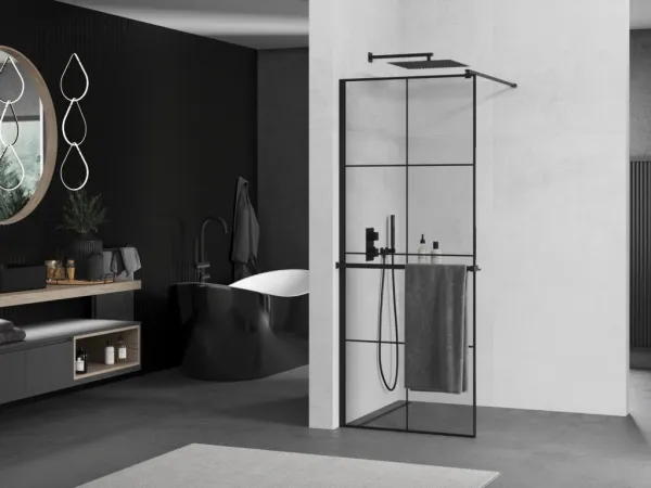 MEXEN/S - KIOTO Sprchová zástena WALK-IN s poličkou a držiakom uterákov 80 x 200, transparent/čierna 8 mm, čierna 800-080-121-70-77